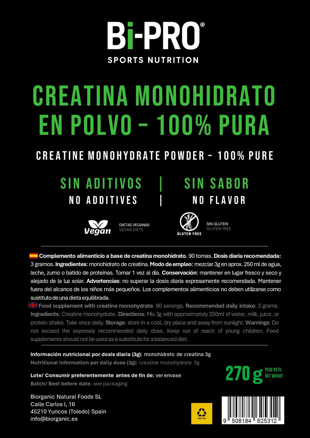 Creatine monohydrate powder 270g ActiveMaré