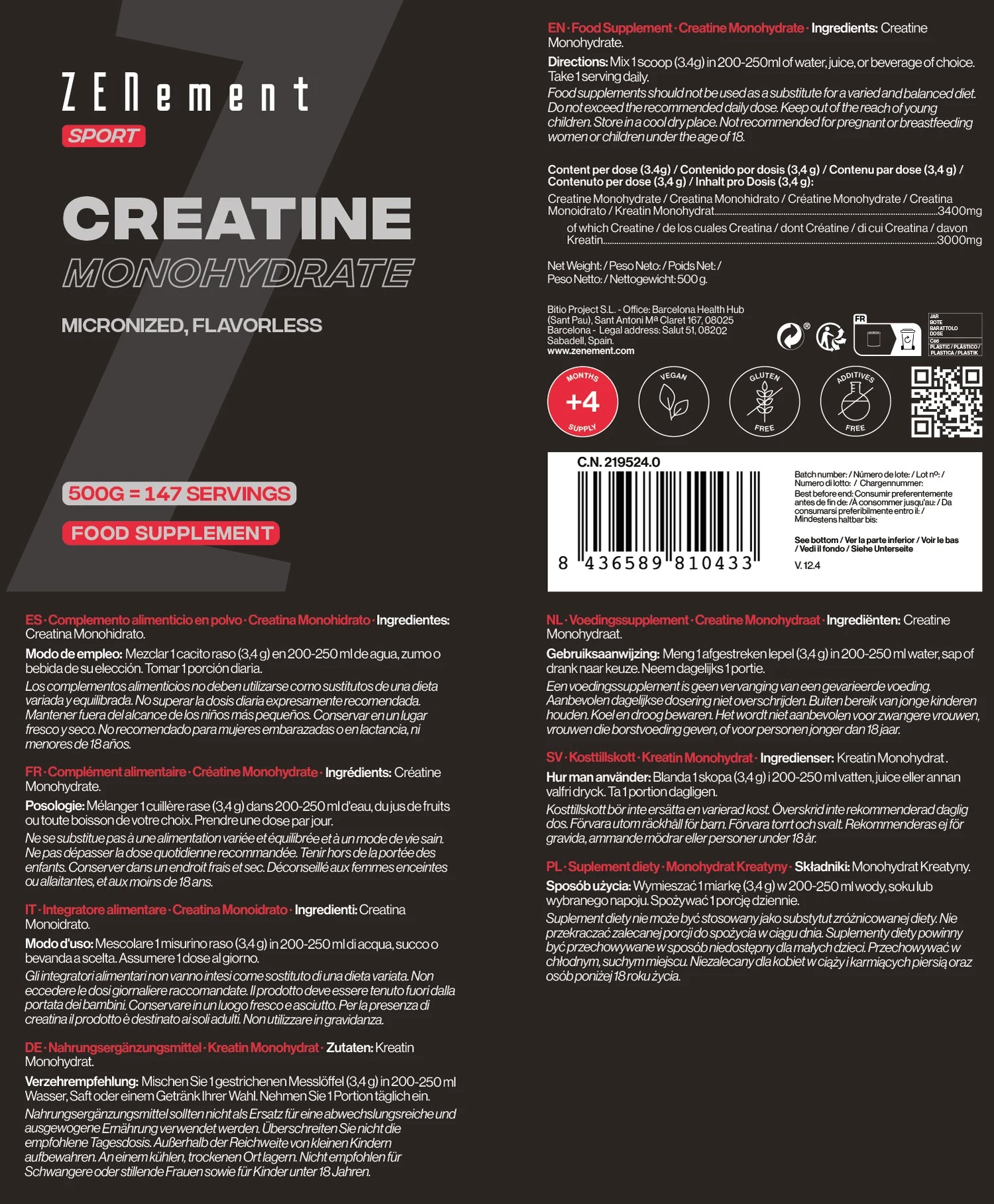 Pure creatine monohydrate powder 500g ActiveMaré
